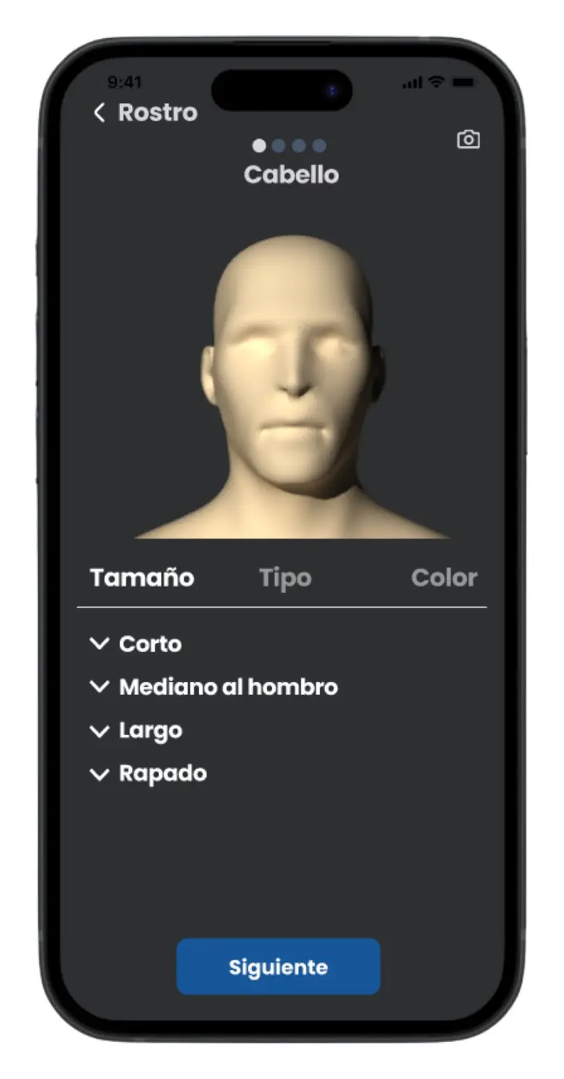 Pantalla de registro de cabello con modelo 3D