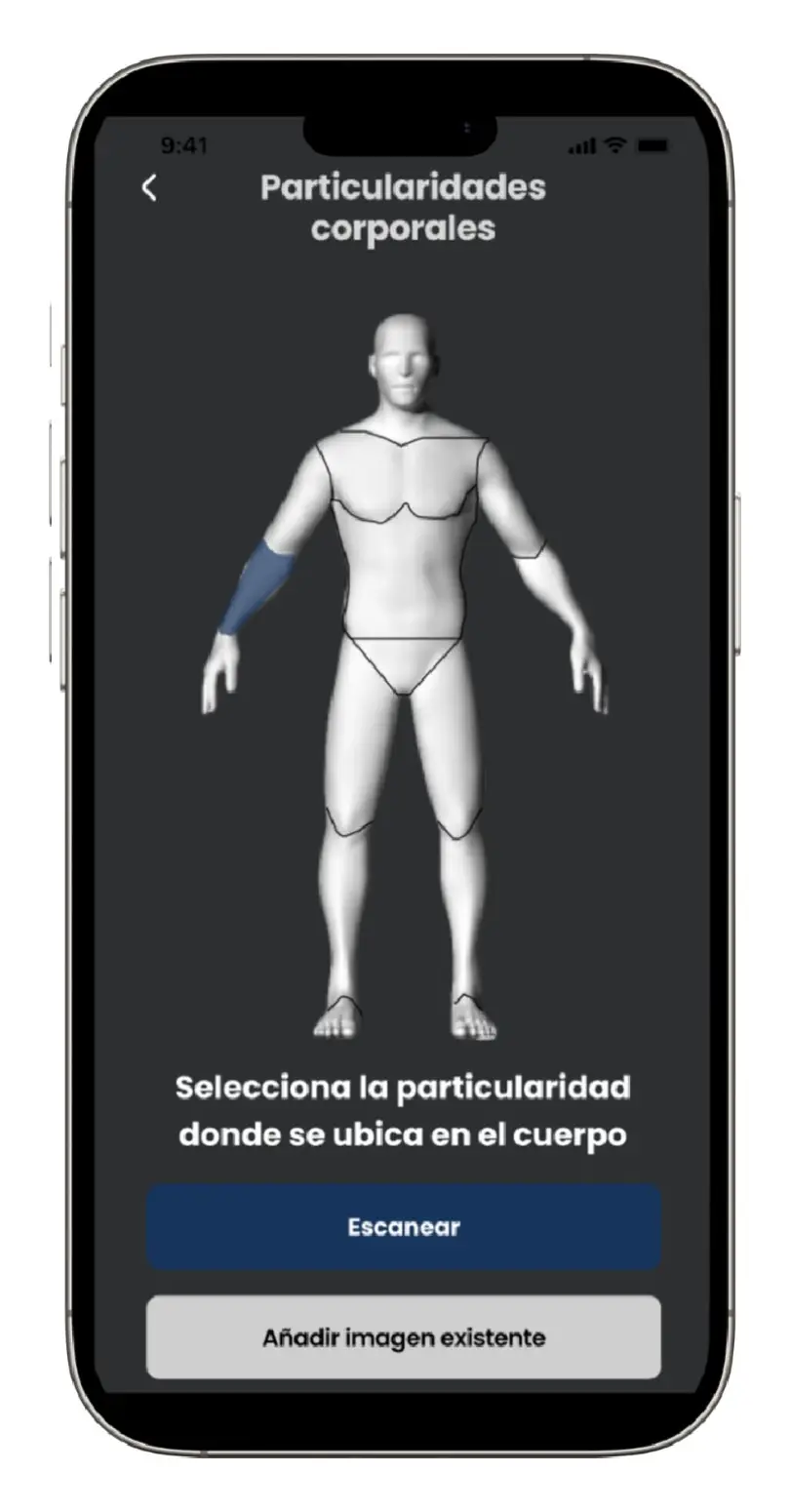 Pantalla de ubicación de particularidades en el cuerpo 3D