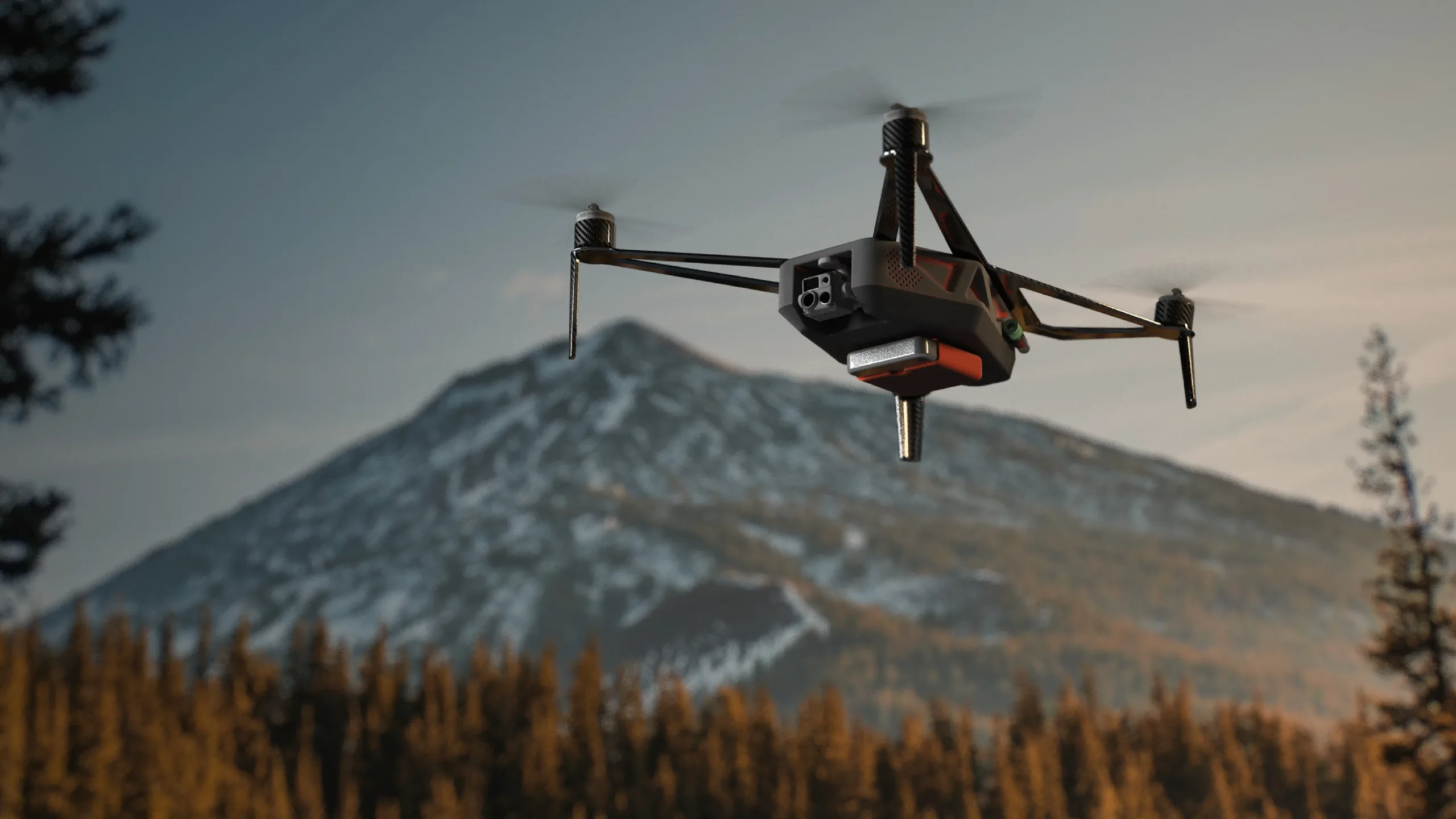 Dron Levi en vuelo frente a una montaña nevada